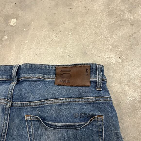 G Star Raw 3301 Straight Tapered Jeans Mens 34x32 Blue Button Fly Paint Distress - Picture 9 of 11